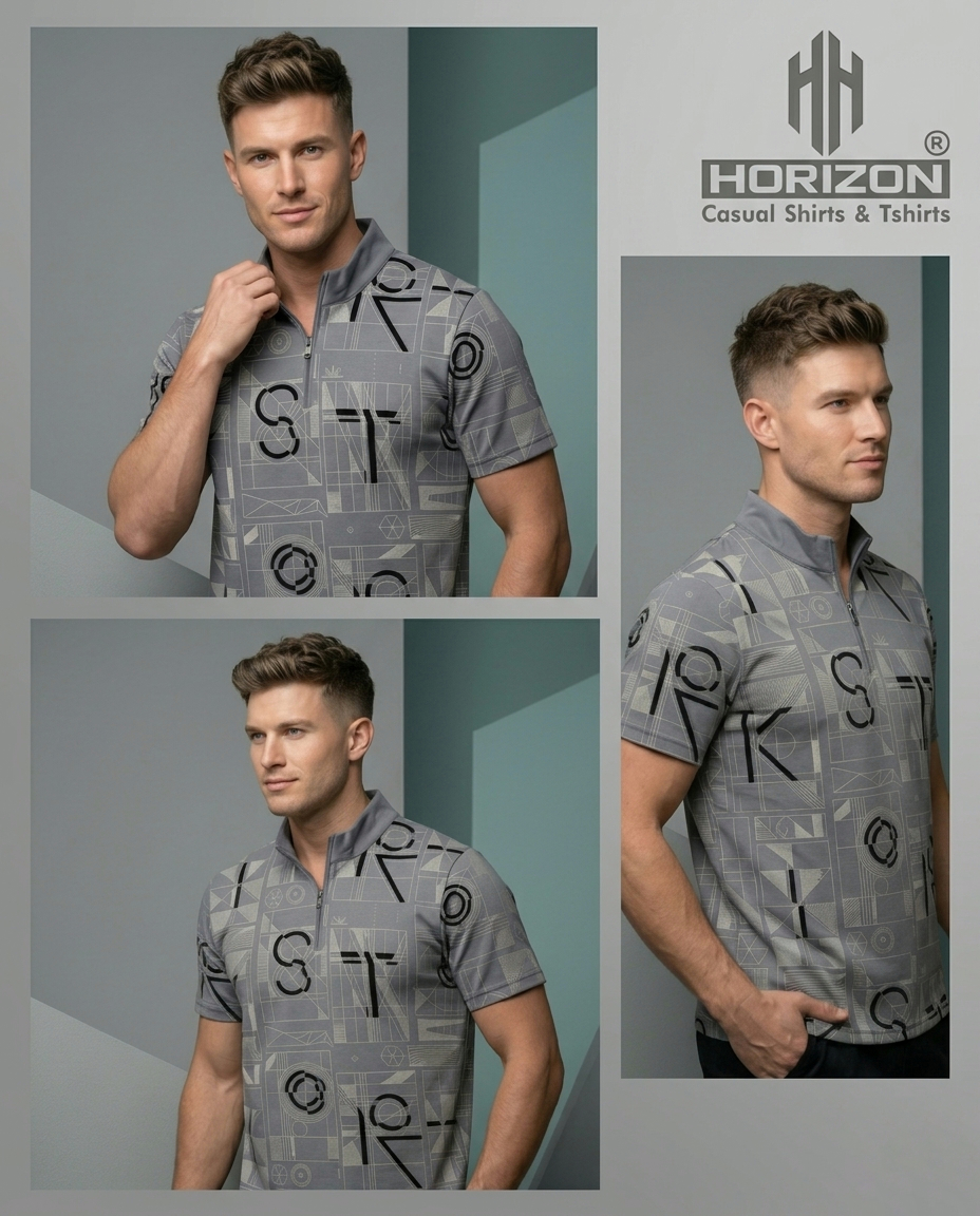 Grey Geometric Zip Neck Polo