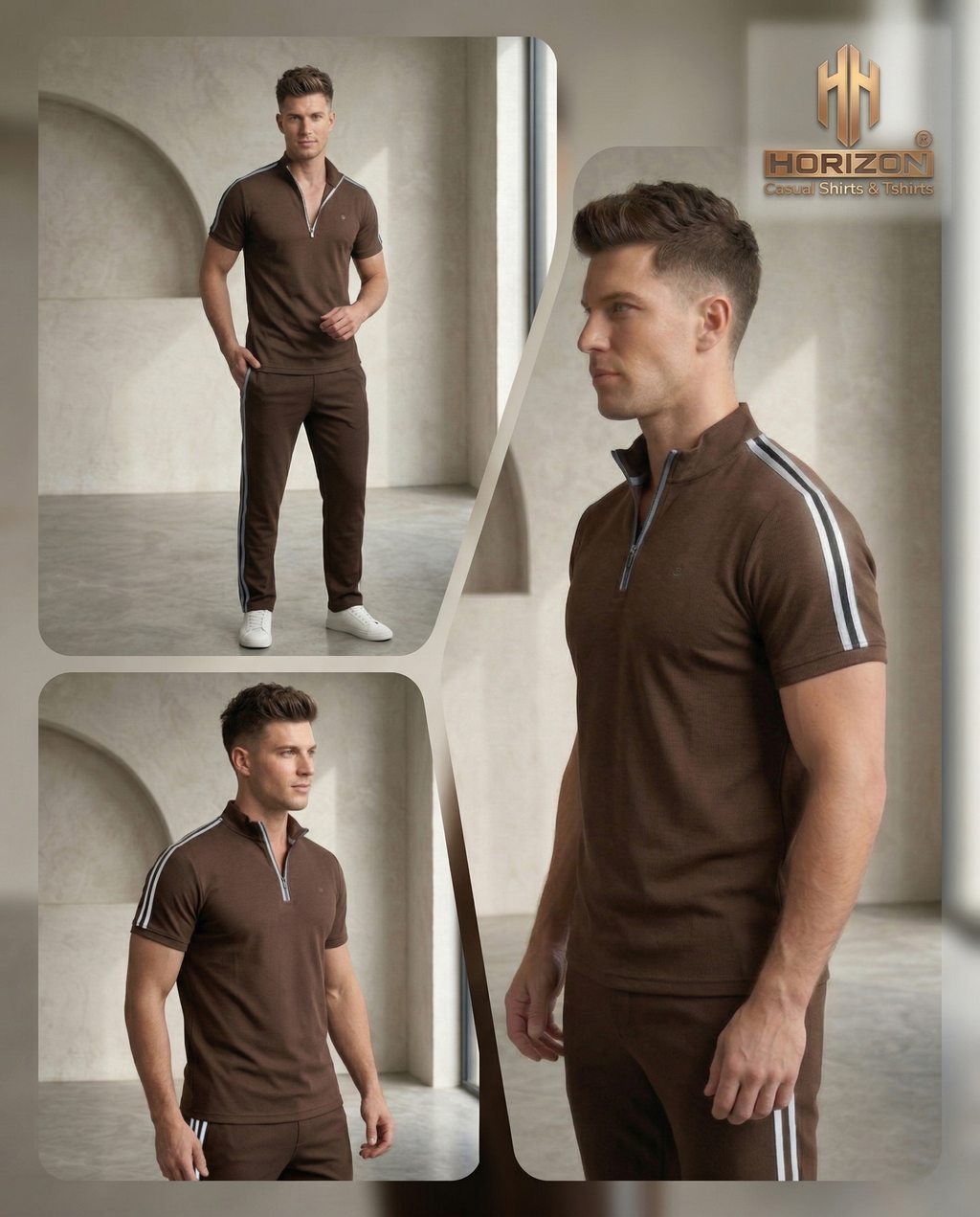 Brown Contrast Zip Polo