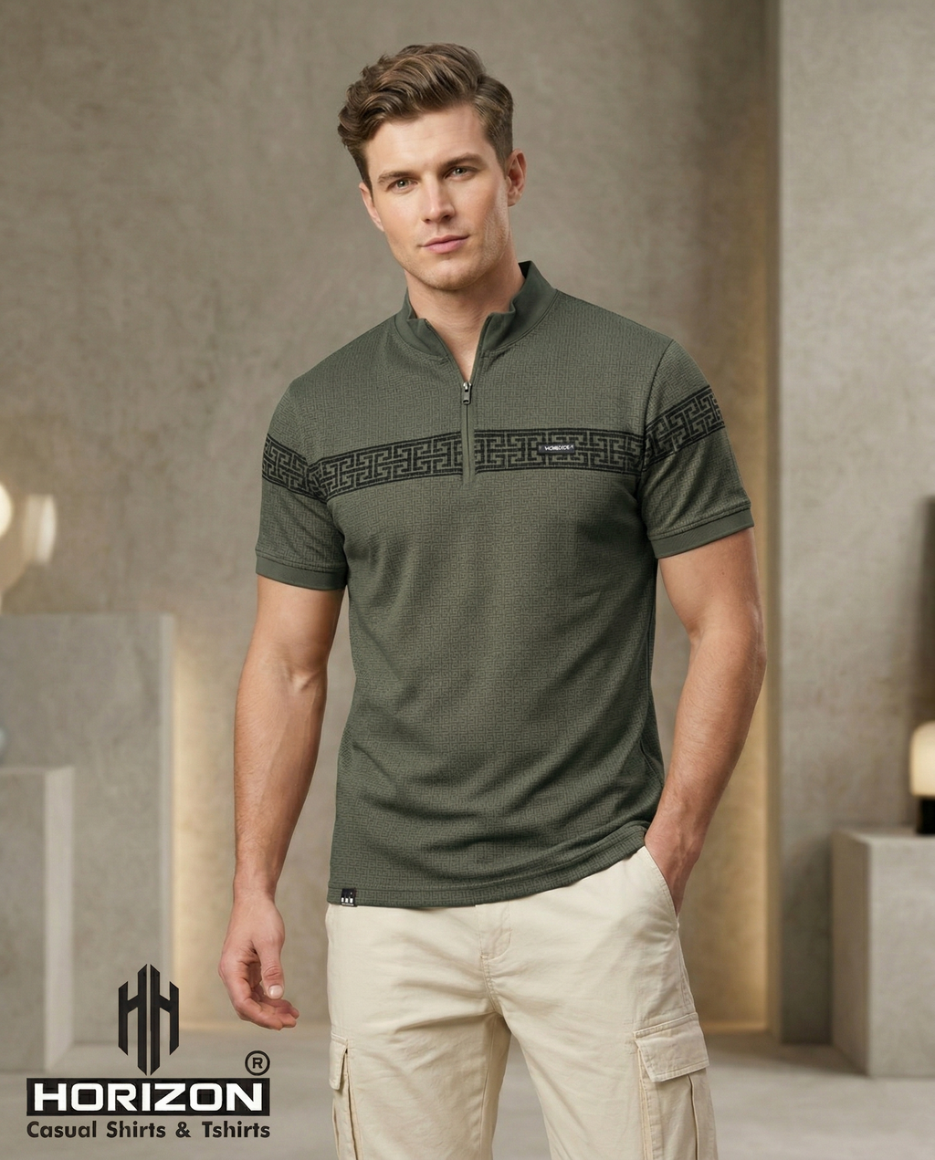 Olive Textured Zip Polo