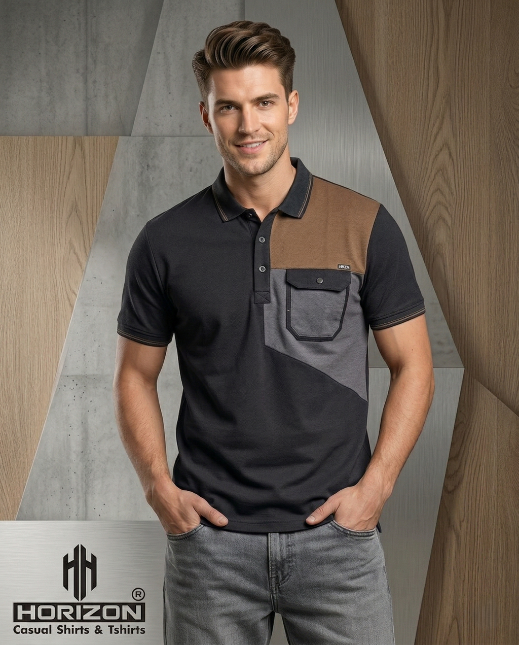 Brown Color block Pocket Polo