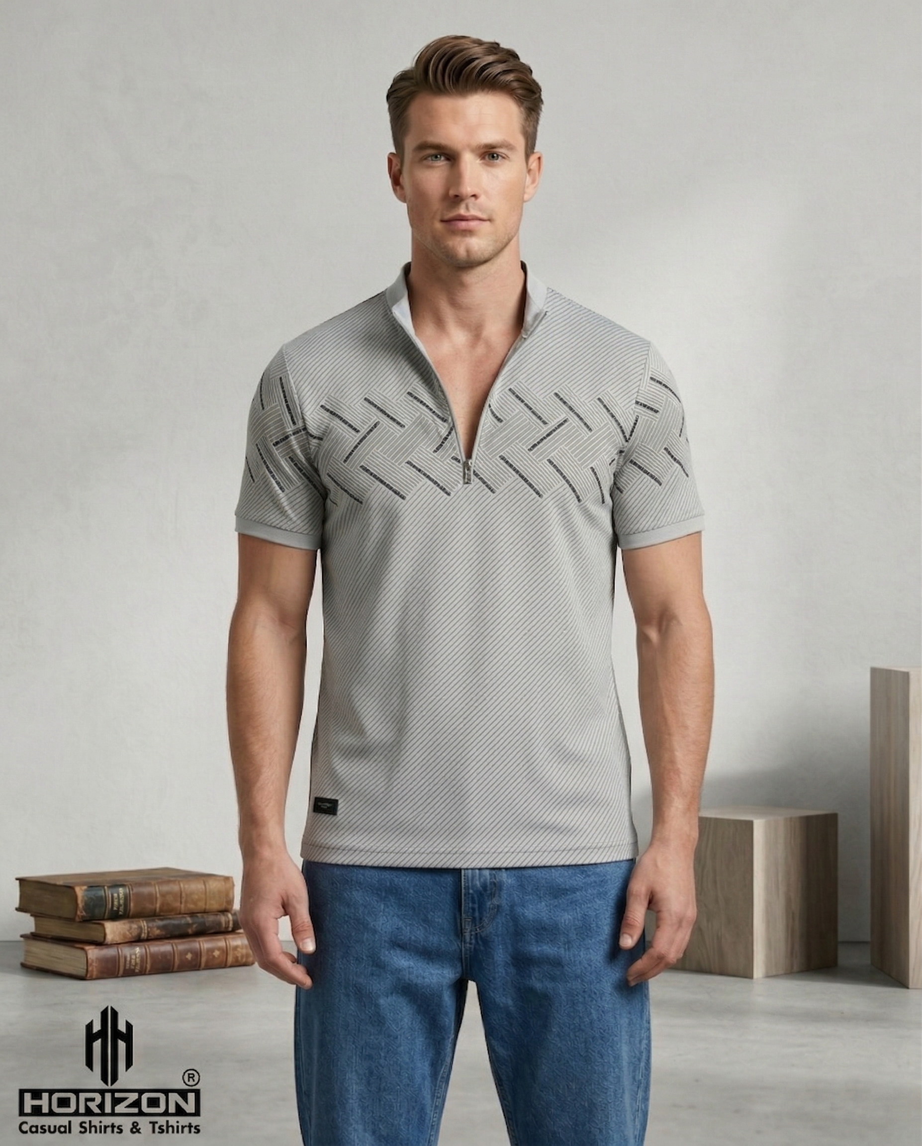 Grey Geometric Zip Polo
