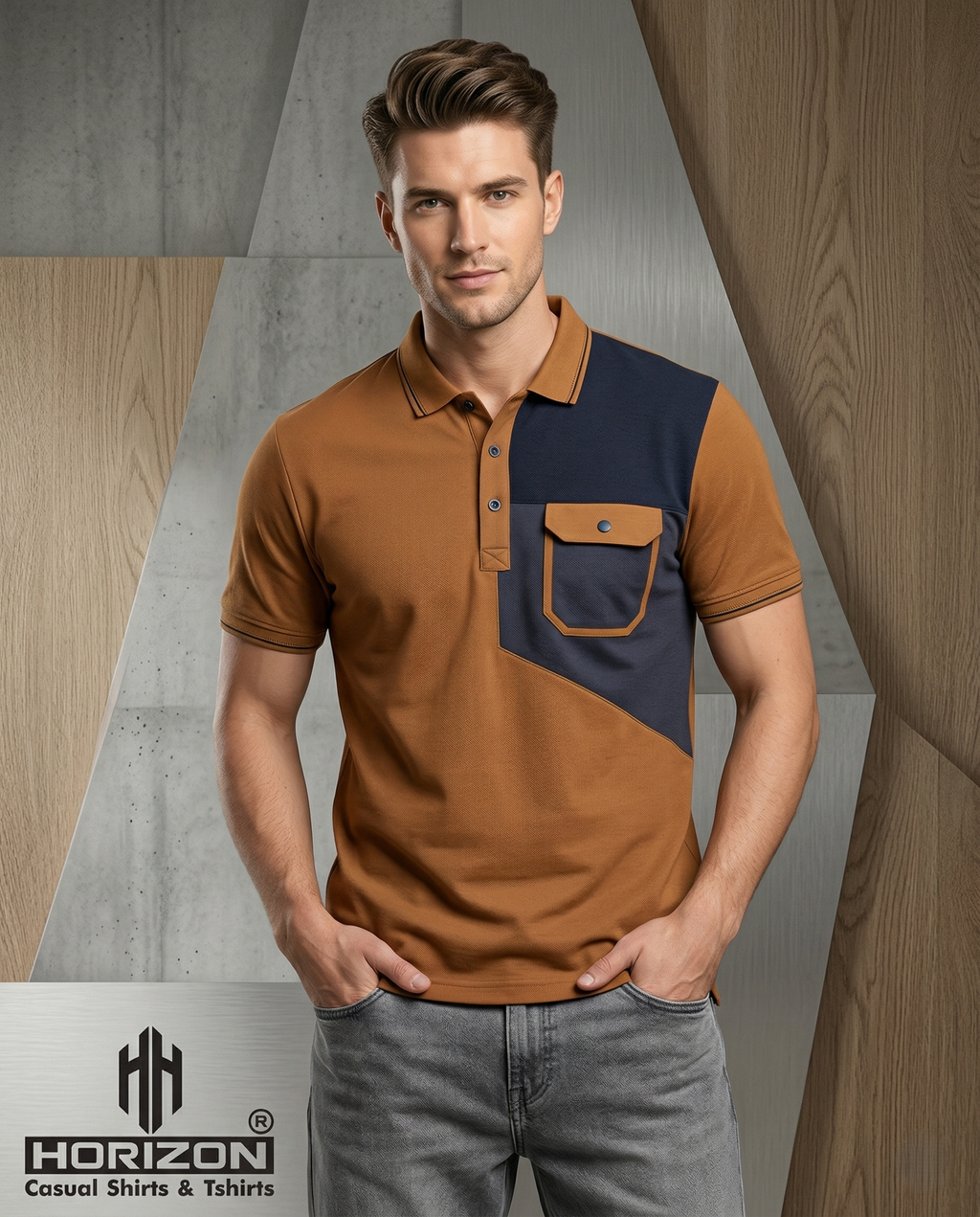 Brown Color block Pocket Polo