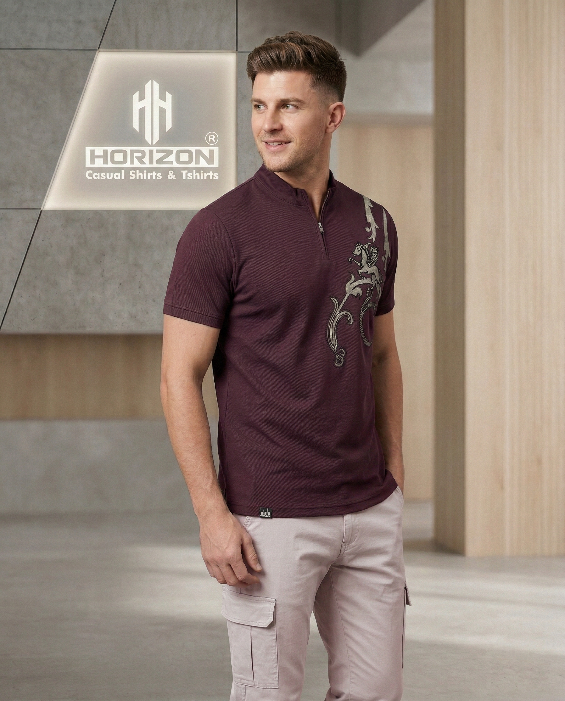 Maroon Graphic Zip Polo