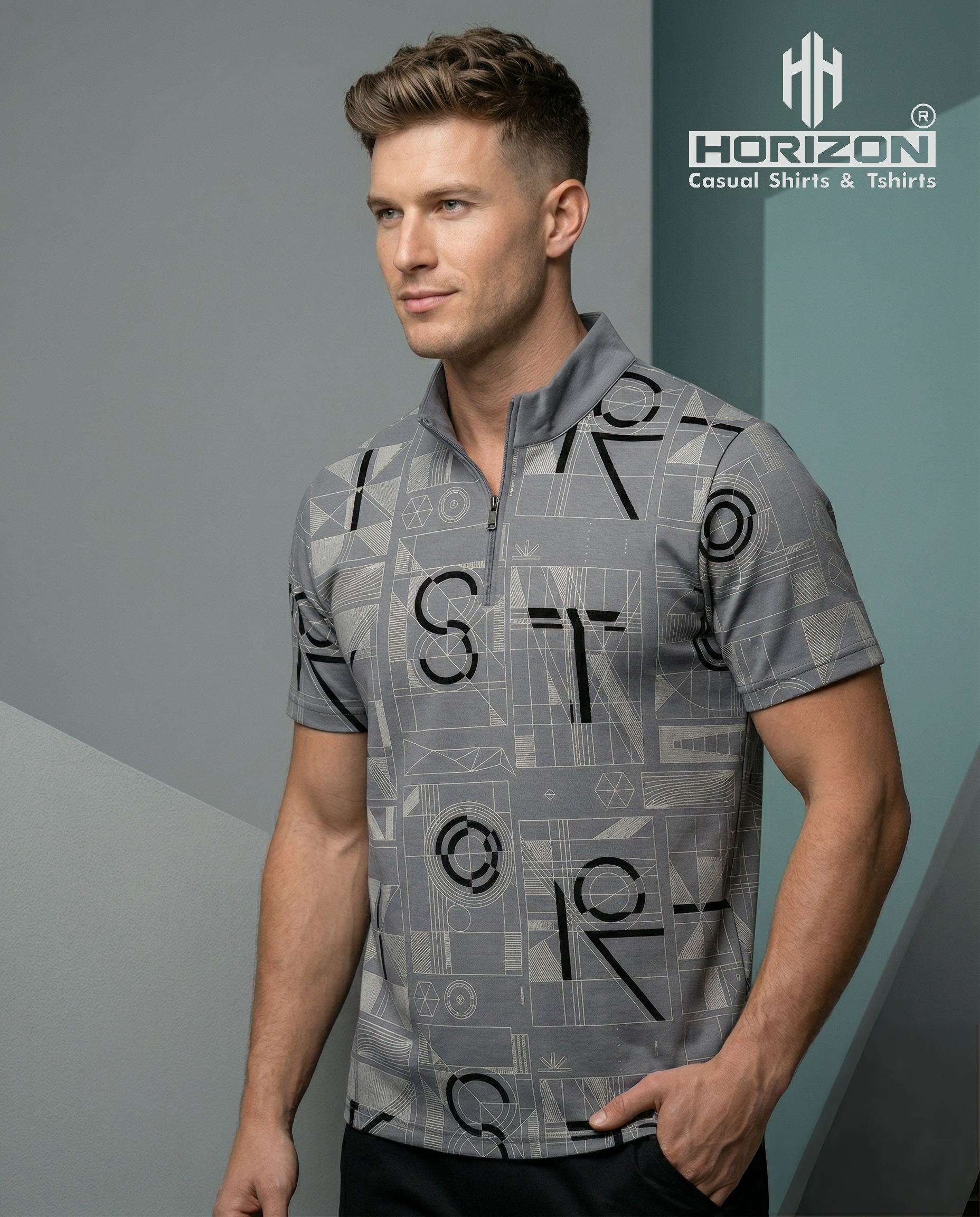 Grey Geometric Zip Neck Polo