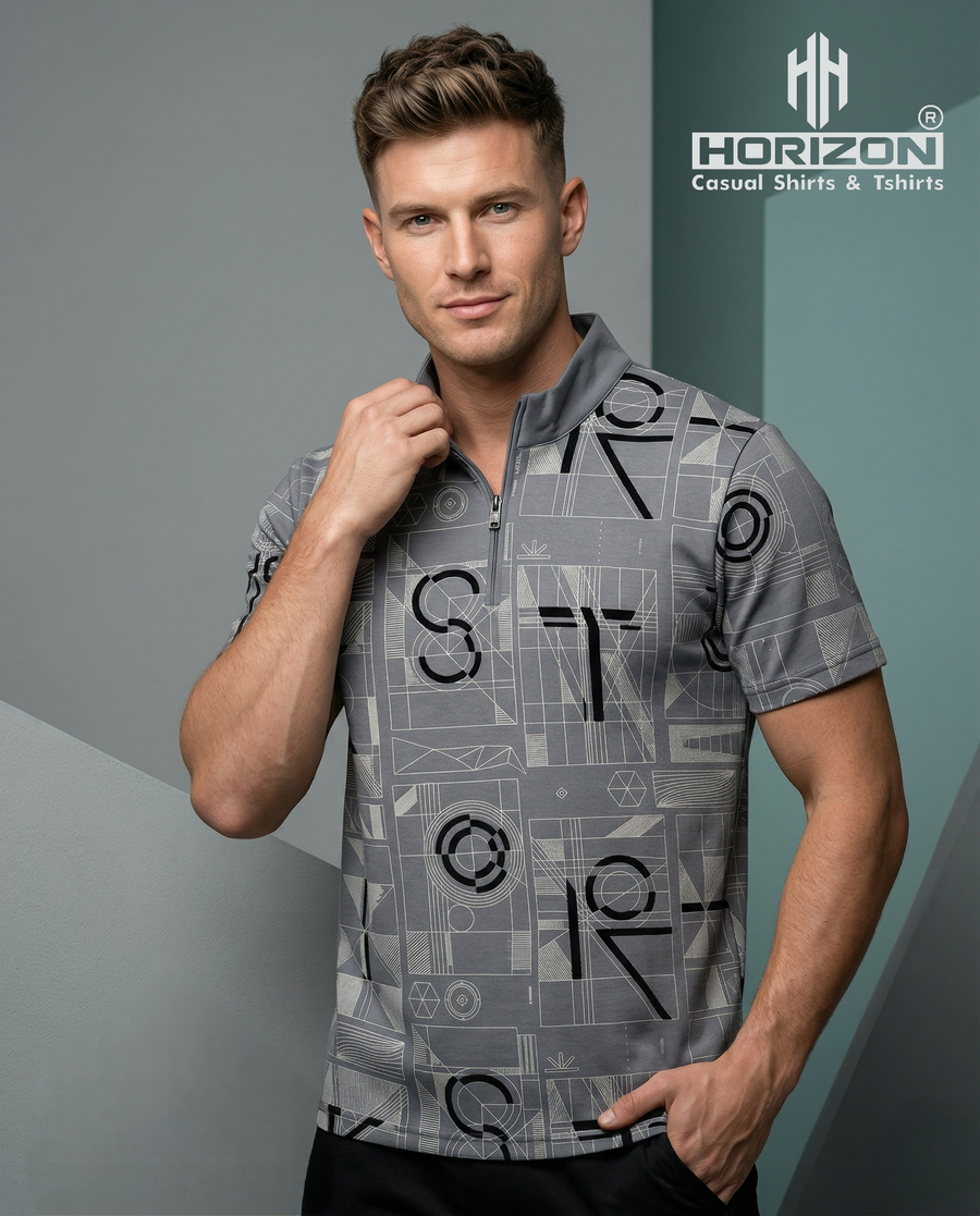 Grey Geometric Zip Neck Polo