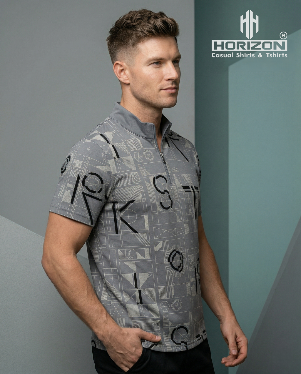 Grey Geometric Zip Neck Polo