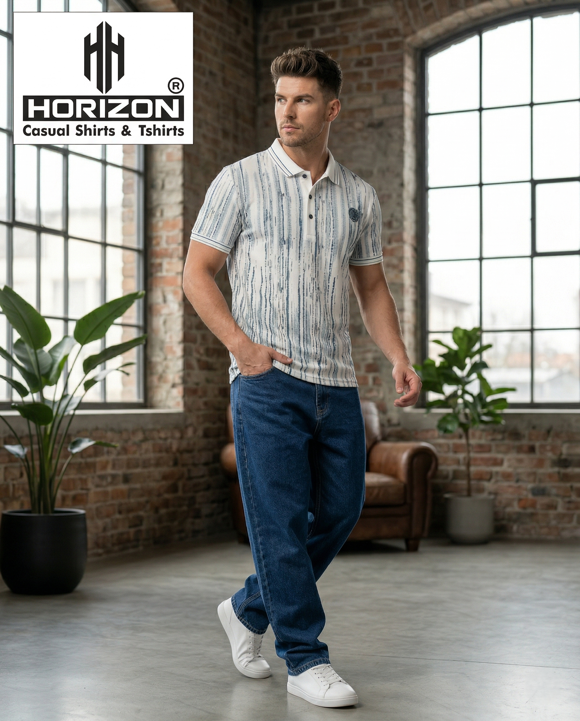 White Textured Stripe Polo