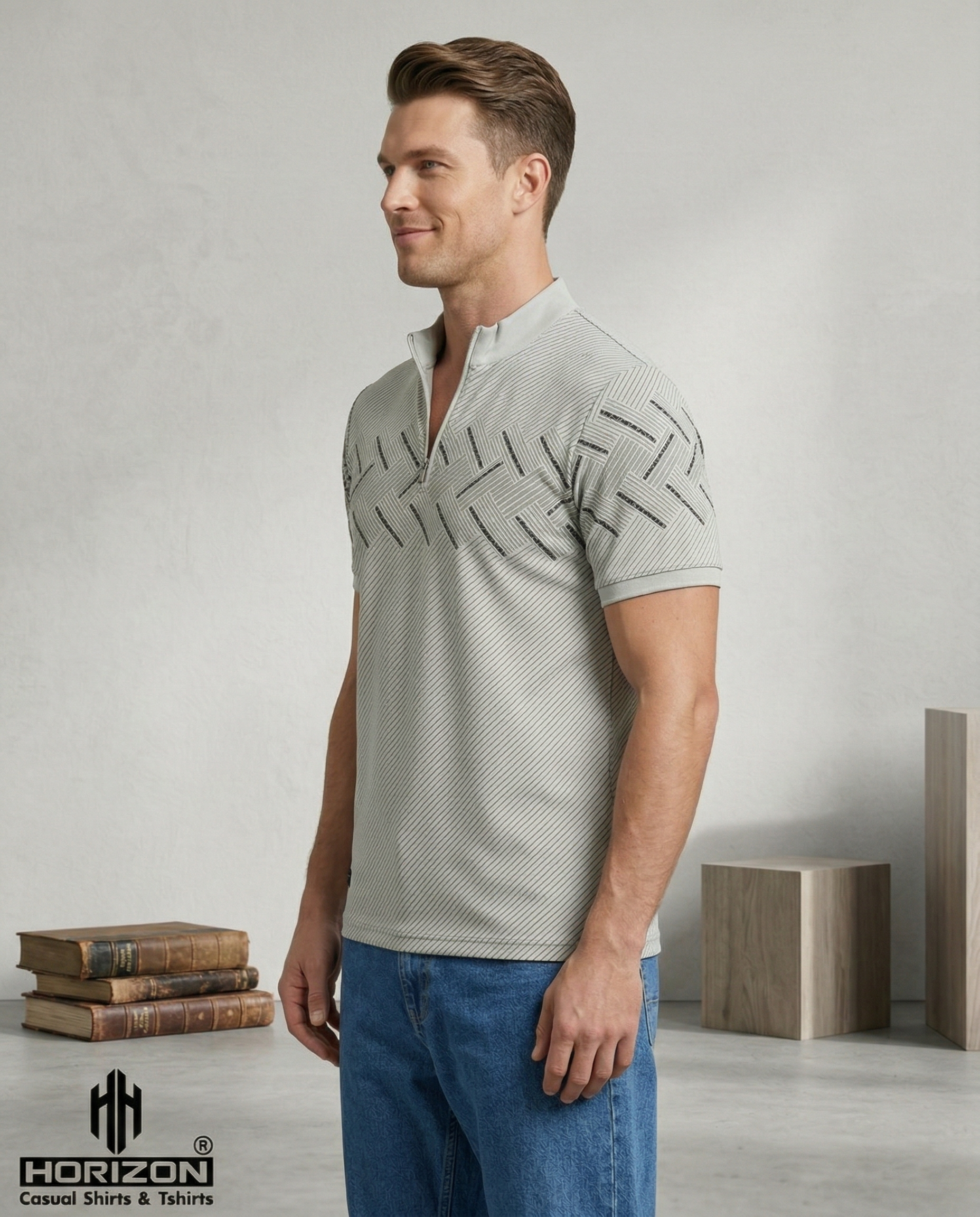 Grey Geometric Zip Polo