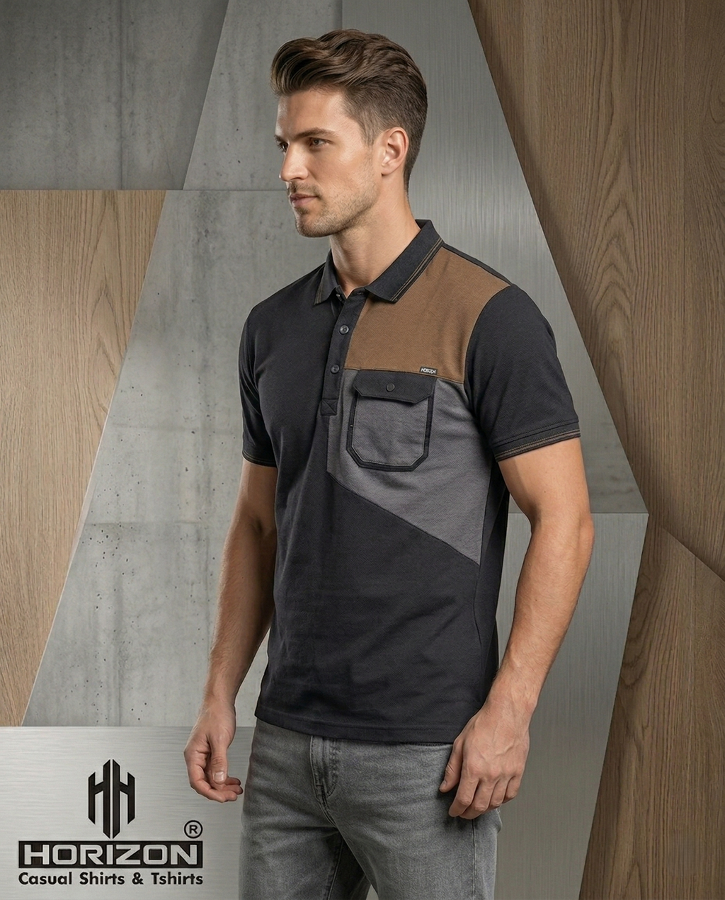Brown Color block Pocket Polo