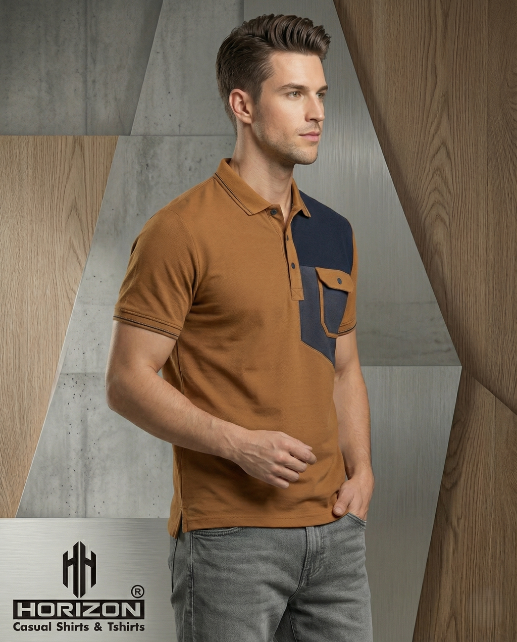Brown Color block Pocket Polo