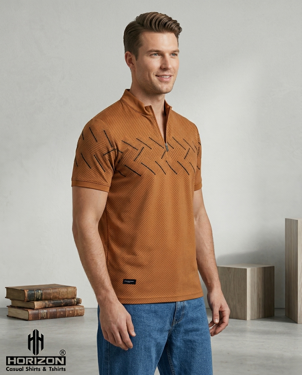 Grey Geometric Zip Polo